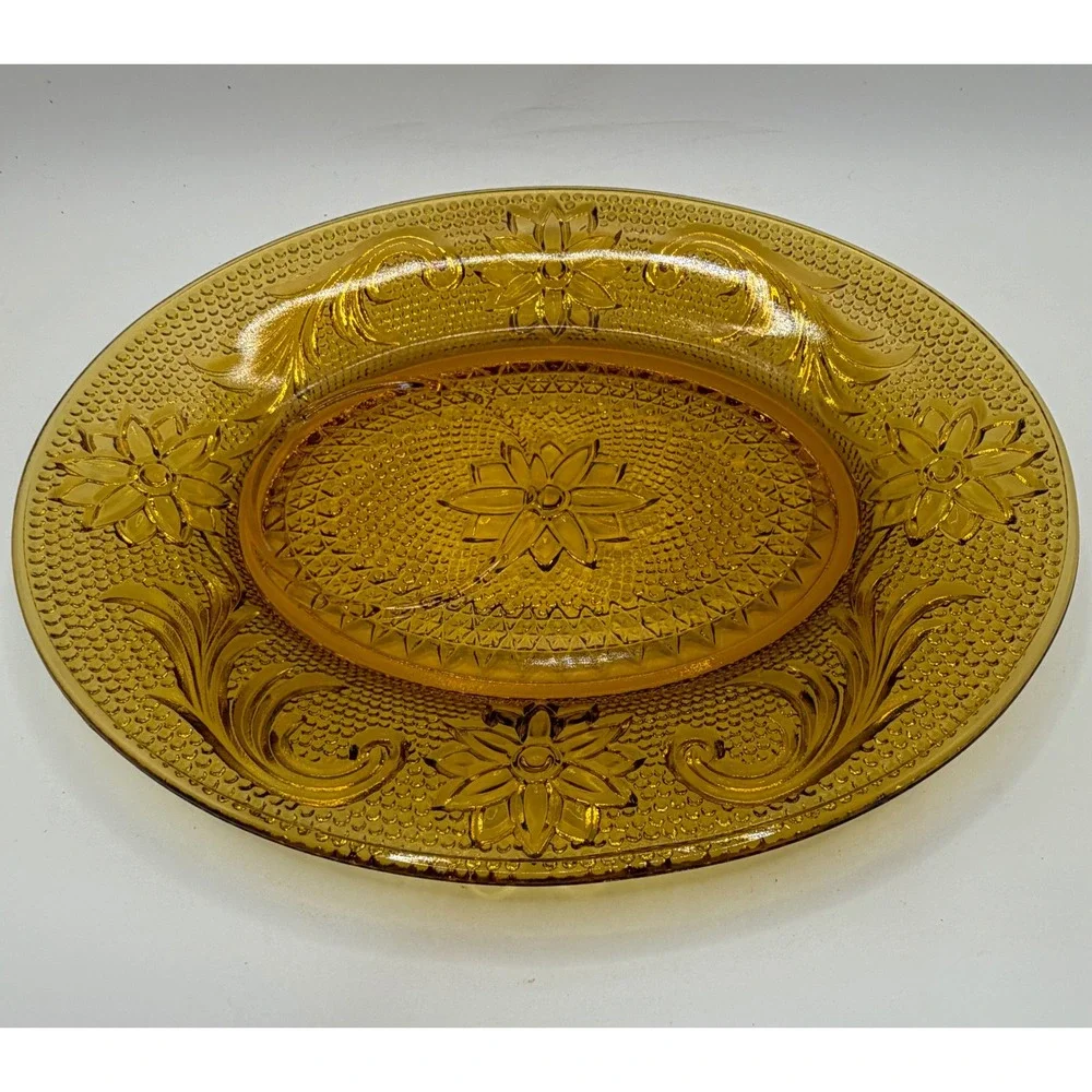 Tiara Indiana Glass Sandwich Amber Snack Set Tea Cup Plate Vintage Amber Gold